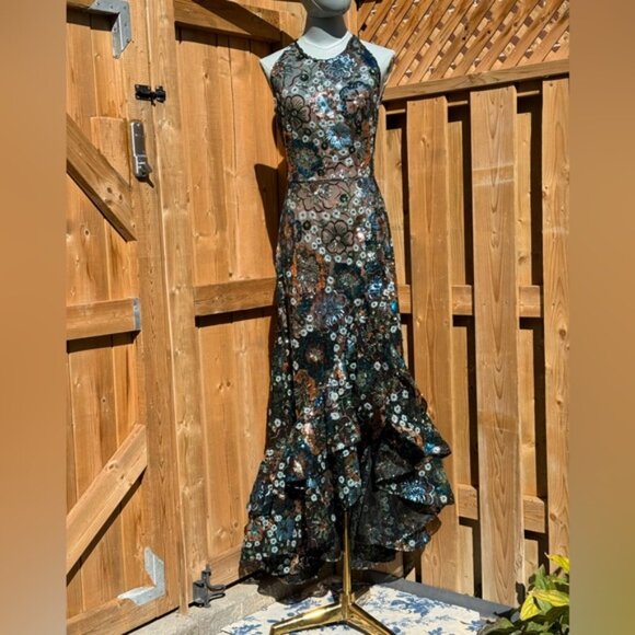 🆕 BRONX & BANCO🧿 NWOT Sicilia Blue Sequin Fluted Hem Maxi Dress Sz XS US 2 - Picture 2 of 16